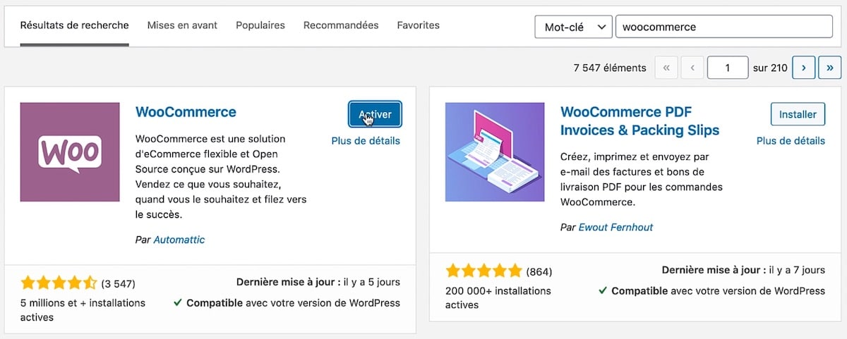 Installer et activer l'extension WooCommerce sur votre site WordPress