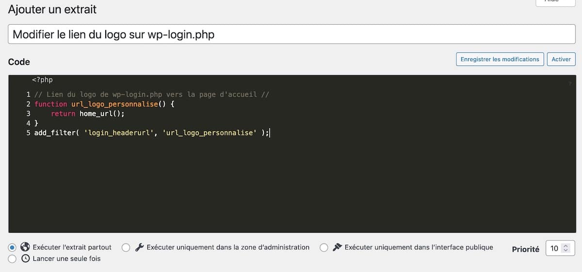 Créer un extrait de code PHP avec Code Snippets